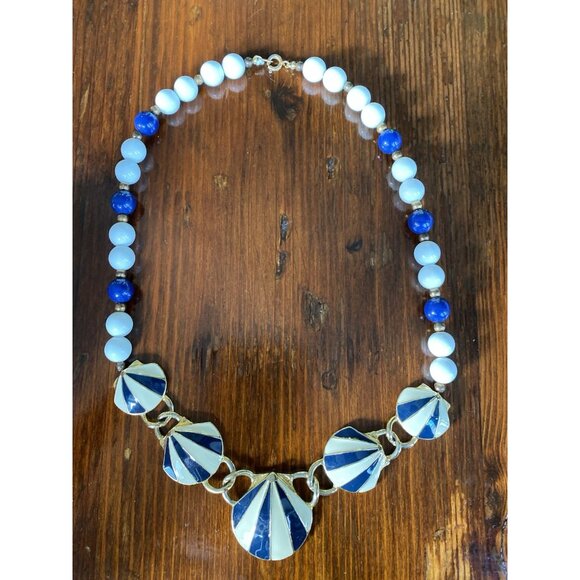 1980s Glass Beads Metal Enamel Necklace Shell Link Bib Circus Tent Blue White - Picture 3 of 9